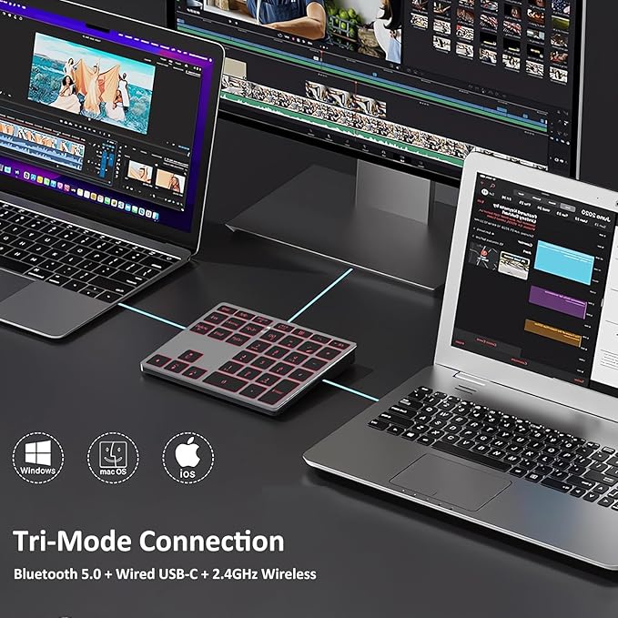 Tri-Mode Aluminum Numpad 7-Color LED Backlit, BT5.0/USB/2.4G Wireless Rechargeable Number Pad 35-Key Scissor Switches Light Up Keycaps for PC/Laptop/Win/Mac, Grey Black