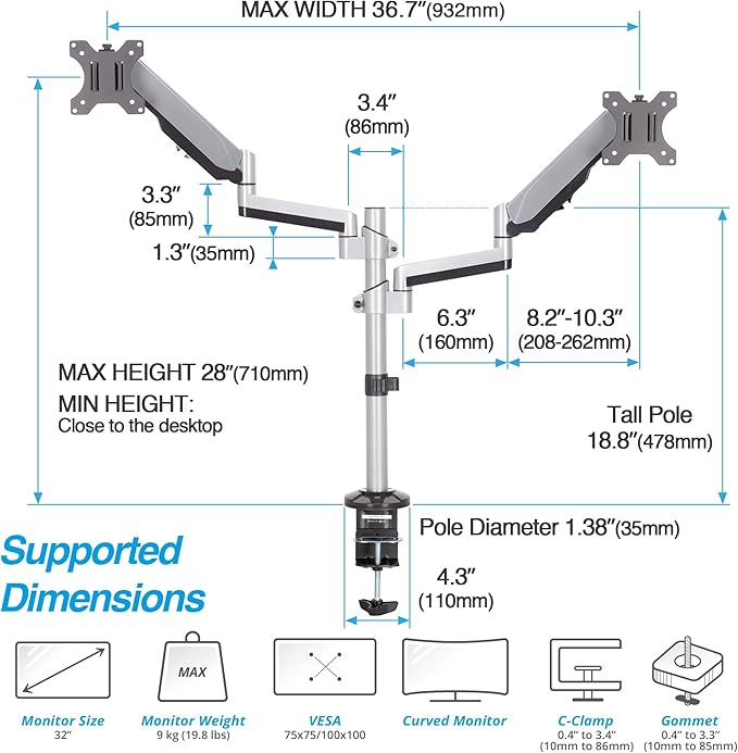 AVLT Dual 17"-32" Stacked Monitor Arm Desk Mount for 2 Flat or Curved Screens, Full Motion Height Adjustable with Swivel, Tilt, Rotation, Extra Tall, VESA, C-Clamp or Grommet Base