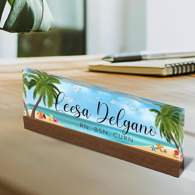 Artblox Personalized Office Desk Name Plate and Business Card Holder | Clear Acrylic Glass with Teak Wood Stand | Sand Beach Design Customized with Your Name and Credentials Office Desk Decor