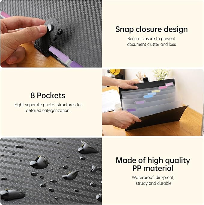 Expanding File Folder with 8 Pockets, Accordion File Organizer Folder with Labels, Portable Folders for Documents, School Office Supplies, Letter A4 Size, Black