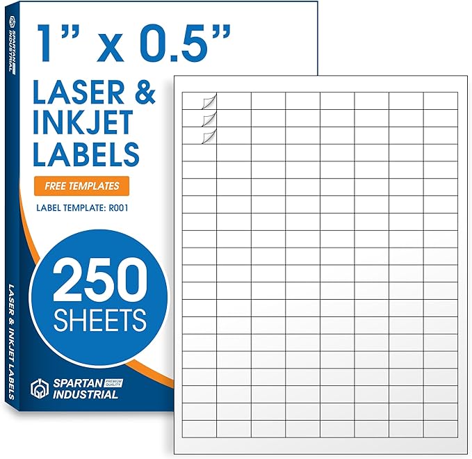 1" X 0.5" Matte White Printable Labels for Inkjet and Laser Printers - 250 Sheets, 40000 Custom Stickers for Address Labels, Price Tags, Barcodes, Inventory - Spartan Industrial Template R001