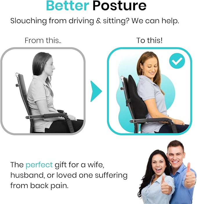 Vive Full Lumbar Pillow - Memory Foam Contour Support Cushion for Lower Back Pain - Muscle Strain, Sciatica, Arthritis, Osteoporosis, Scoliosis, Kyphosis, Bulging or Herniated Disc - Improve Posture