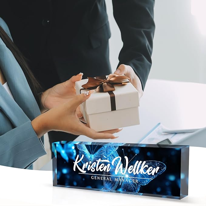 Desk Name Plate Personalized Name Plate for Desk, Office Desk Decor, 3D Style Personalized Plaque Name Plates for Desks Custom Appreciation Gifts for Boss Lady Employee Coworkers (Ice Butterfly)