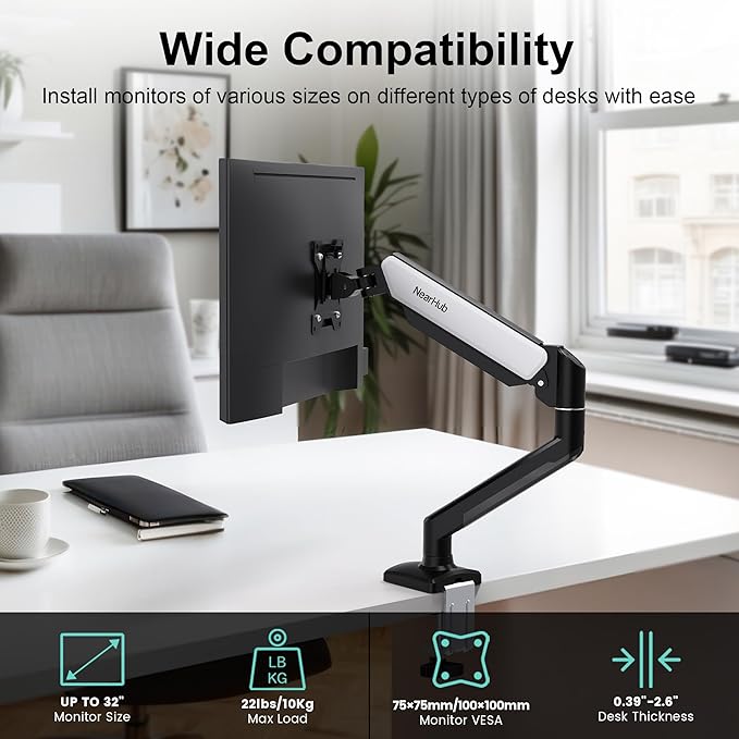 NearHub Single Monitor Mount,Each13-32 ” Up to 22 lbs Computer Screen,180° Swivel, Tilt +90° to -45°, 360°Rotation,Full Motion Adjust with C Clamp and Grommet Base,VESA Mount 75mmX75mm,100mmX100mm
