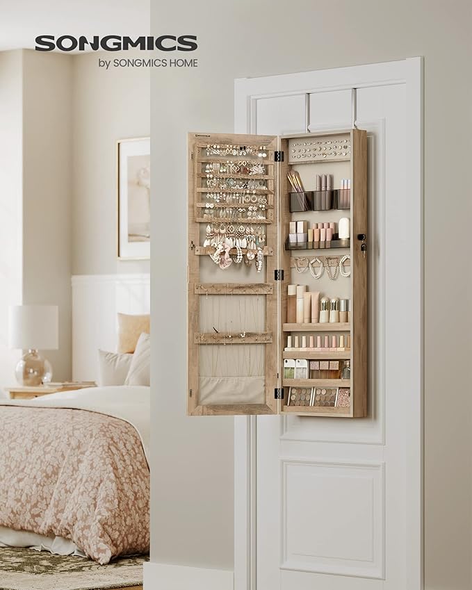 SONGMICS Mirror Jewelry Cabinet Armoire, Wall or Door Mounted Jewelry Storage Organizer, Hanging Lockable Frameless Mirror Cabinet with 2 Cosmetic Organizers, Gift Idea, Toasted Oak Color UJJC001N01