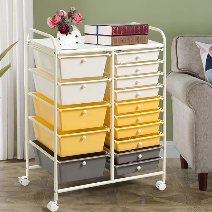ARLIME 15-Drawer Storage Cart, 15 Drawer Trolley, Rolling Organizer Cart, Scrapbook Paper Organizer, Suitable for Office and School, Rolling Office Storage Tools (Yellow&White&Grey)