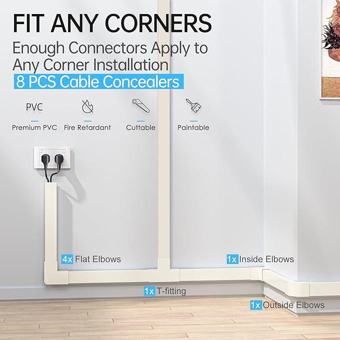 Yecaye Cord Hider, 113in Large Cord Covers for Wires on Wall, Cord Organizer for 3-4 Wires, Easy Install Cable Management Kit, TV Wire Hider for Home Office, W1.18in H0.67in, Beige