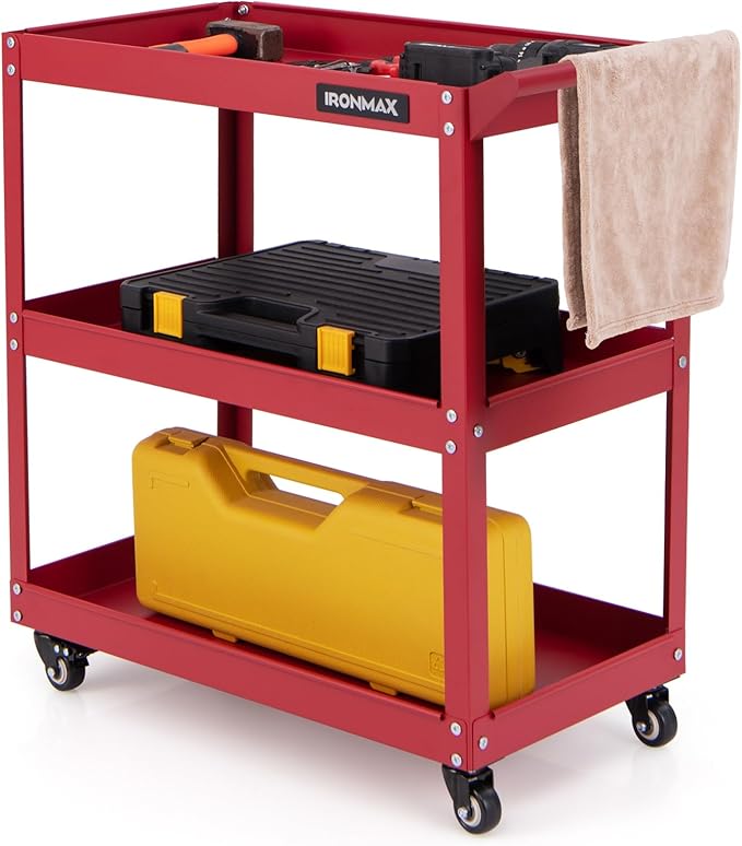 Goplus 3-Tier Utility Cart, Heavy Duty Commercial Service Tool Cart w/3 Spacious Shelves, 4 Universal Wheels with 2 Brakes, Rolling Mechanic Tool Cart Storage Organizer for Warehouse Garage