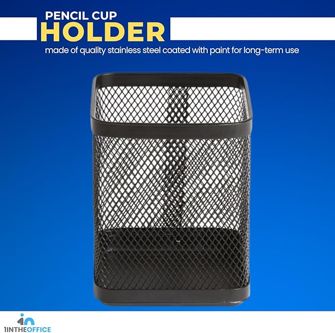 1InTheOffice Pen Holder Cup for Desk, Wire Mesh Cup, Pencil Holder Metal, Pencil Organizer Matte Black 3/Pack…