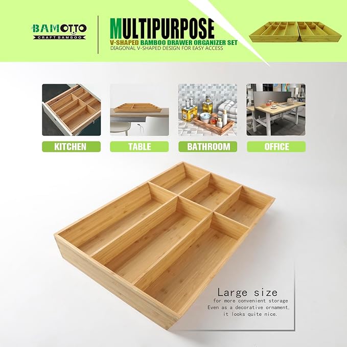 V-Shaped Extra Large Bamboo Drawer Organizer Set of 2, Kitchen Cutlery Tray Utensil Plate, Flatware&Silverware Storage Box, Wood Organizer for Bedroom, Living Room (19.6"x14.6" & 19.6"x12.4")