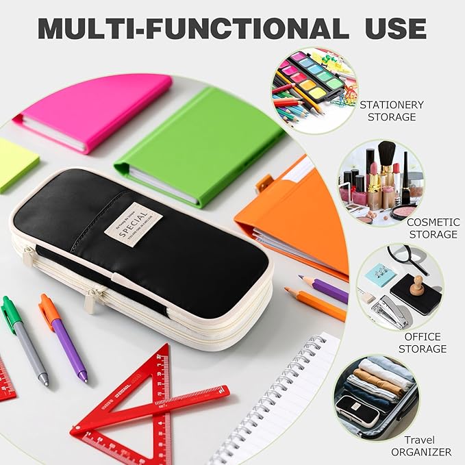 Large Capacity Pencil Case with Zipper, Aesthetic Pencil Pouch, Portable Stationery Organizer Bag for Teen and Adults, Big Pencil Bag for College, Office, Travel - Black