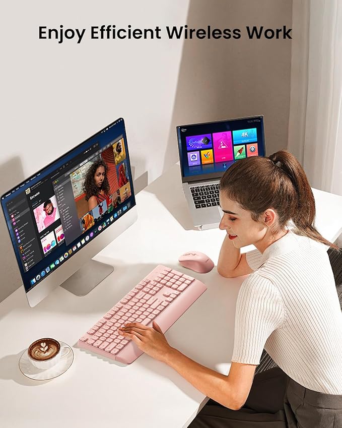 seenda Wireless Bluetooth Keyboard and Mouse Combo, COE200 Ergonomic Wireless Keyboard Mouse with Wrist Rest, Multi-Device Connection, Full-Size, Compatible for Computer/Laptop/Mac/MacBook, Pink