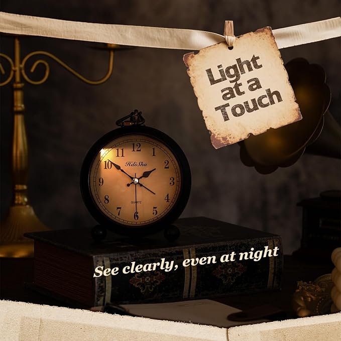 Vintage Alarm Clock, 5 inch Battery Operated Silent Non Ticking Snooze Small Clock with Night Light, Old Fashioned Desk Clock Decor for Bedroom, Bedside, Living Room, Room (Arabic)