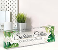 Custom Name Plate for Desk, Desk Name Plate Personalized, Office Decor for Women Men, Acrylic Desktop Accessories, Office Appreciation Gifts for Boss Social Workers Nurse Teacher Employee(Green Leaf)
