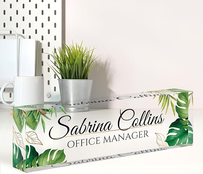 Custom Name Plate for Desk, Desk Name Plate Personalized, Office Decor for Women Men, Acrylic Desktop Accessories, Office Appreciation Gifts for Boss Social Workers Nurse Teacher Employee(Green Leaf)