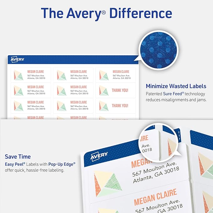 Avery Easy Peel Printable Address Labels with Sure Feed, 1" x 2-5/8" Customizable Stickers, White, 3,000 Blank Mailing Labels, Great for Mailing, Shipping, and More (8460)