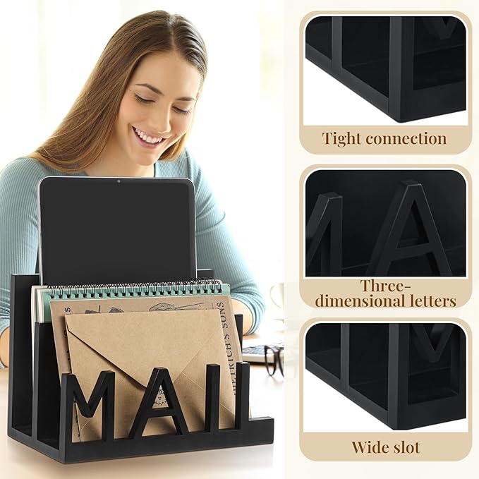 2 Slot Mail Organizer Holder Countertop Wooden Mail Black Letter Holder with Cutout Lettering Design for Office Desktop Envelope and Document Storage Rack