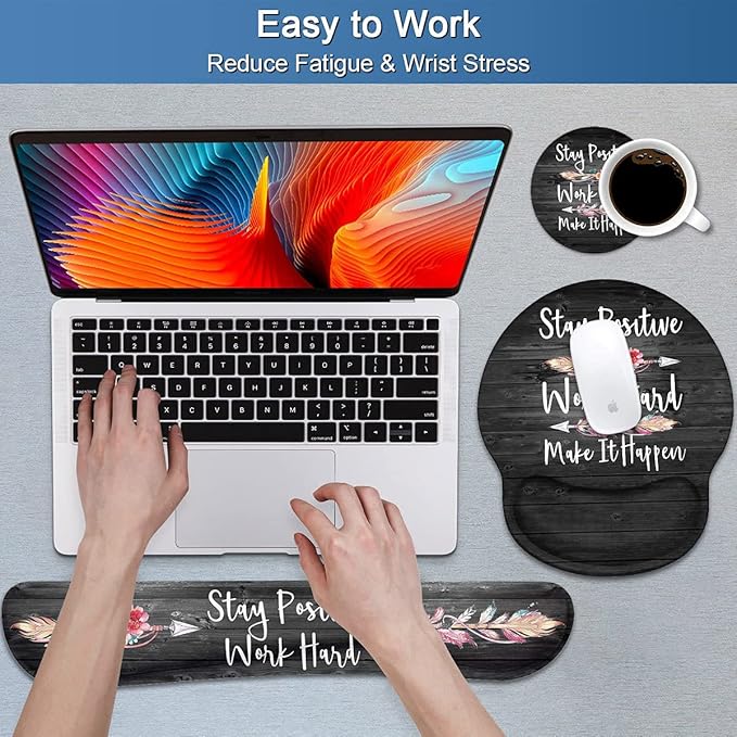 Keyboard Wrist Rest and Mouse Pad Wrist Support Set with Coasters, Stay Positive Work Hard and Make It Happen Inspirational Quote Wrist Mouse Pad with Non-Slip PU Base for Computer Laptop Home Office