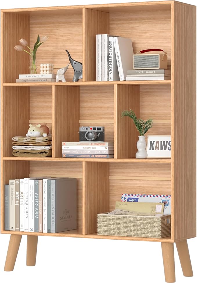 LEYAOYAO 7 Cube Bookshelf, 3 Tier Modern Bookcase with Legs, Mid-Century Modern Wood Book Shelves Storage, Boho Natural Book Case, Freestanding Organizer Display Shelf for Bedroom,Living Room,Office