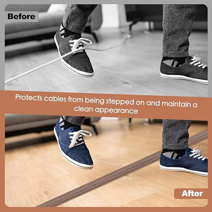 Floor Cord Cover for Wires on Floor Self Adhesive Cord Hider Floor Cable Management Wire Covers for Cords Protector Prevent Cable Trips Cord Cavity W 0.59" x H 0.31", Misty Brown Wood, 10Ft