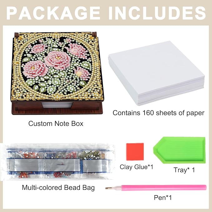 Wooden DIY Rose Diamond Art Notecard Box – DIY Gem Art Sticky Note Holder for Adults 160 Sheets Memo Pad Storage Desk
