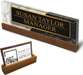 Artblox Personalized Office Desk Name Plate and Business Card Holder | Clear Acrylic Glass with Teak Wood Stand | Black White Marble Design Customized with Your Name and Credentials Office Desk Decor
