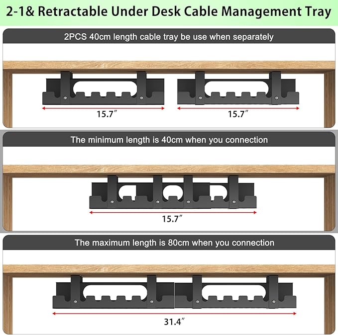 2 in 1 Cable Management Under Desk Black, Adjustable Length(15.7”-31.4”) Extendable Large Cable Management Tray, Cord Hider for Wire Organizer, Cord Organizer for Office, Home