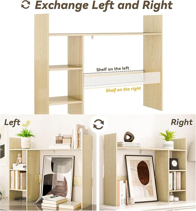 Desktop Bookshelf, 37.4’’ Wooden Desk Storage Hutch with 3 Shelves,4 Tier Multipurpose Display Shelf with Storage, Wooden Desk Shelf Organizer for Computer Desk, College Dorm, Office, Home