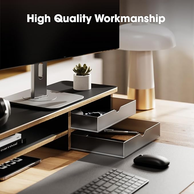 Fenge Monitor Stand, Dual Monitor Riser, 42.5inch Large Desk Computer Monitor Stand Riser with Drawer, 2 Tier Wood & Acrylic Desktop Organizer with Cable Management