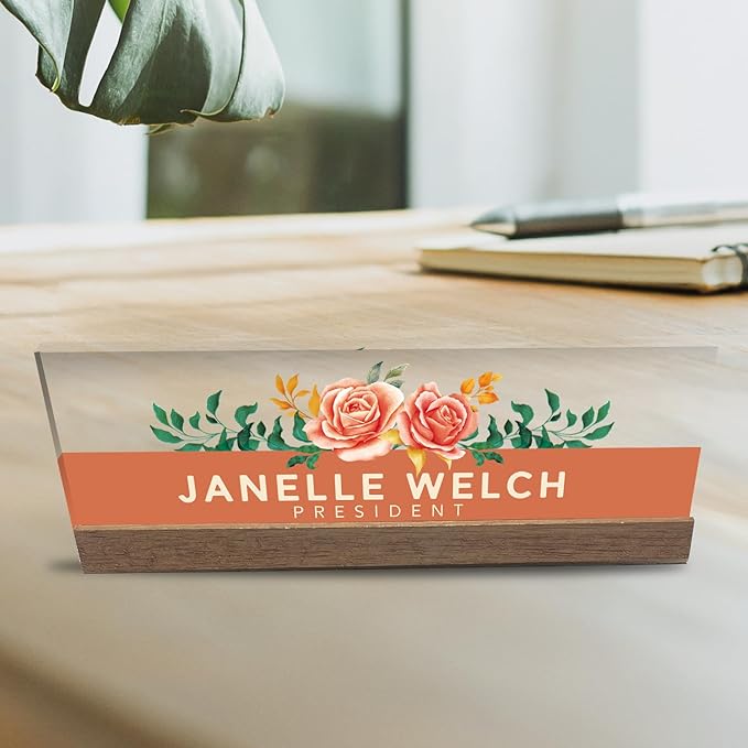 Artblox Office Personalized Name Plate for Desk with Business Card Holder On Clear Acrylic Glass Orange Roses Design Custom Desk Name Plate with Your Name and Credentials Customized Gift