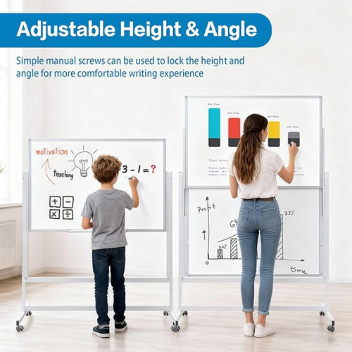 48 x 60 Inch Height Adjustable Dry Erase Whiteboard with Stand and Wheels, Mobile Dry Erase Board with Double-Sided Magnetic Whiteboard for School, Office, or Home, White