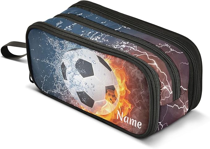 Custom Soccer Football Ball Pencil Case Box Boys Girls Personalized Name Large Pencil Pouch Stationery Pen Bag Organizer for Kids Teens Adults School Office