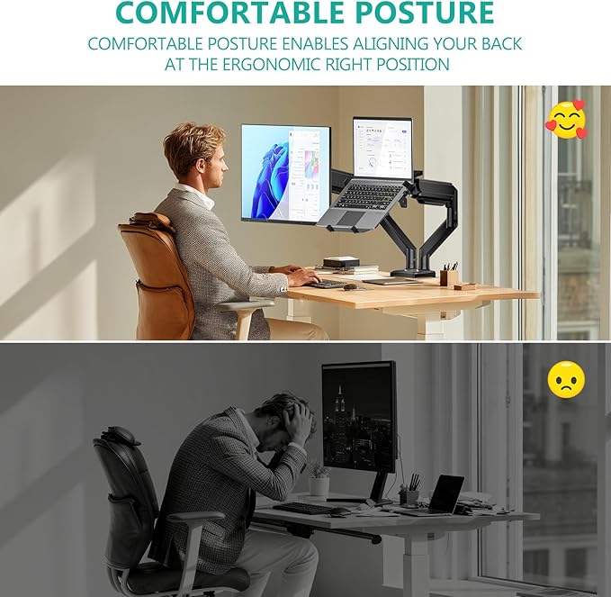 WALI Laptop Mount for Desk, Monitor Arm Mount for 17"-32”Computer Screen and 11.6" - 17.3" Notebook,Dual Monitor Mount Holds up to 19.8lbs, Laptop Tray Stand with Gas Spring Arm (GSMP002LP), Black