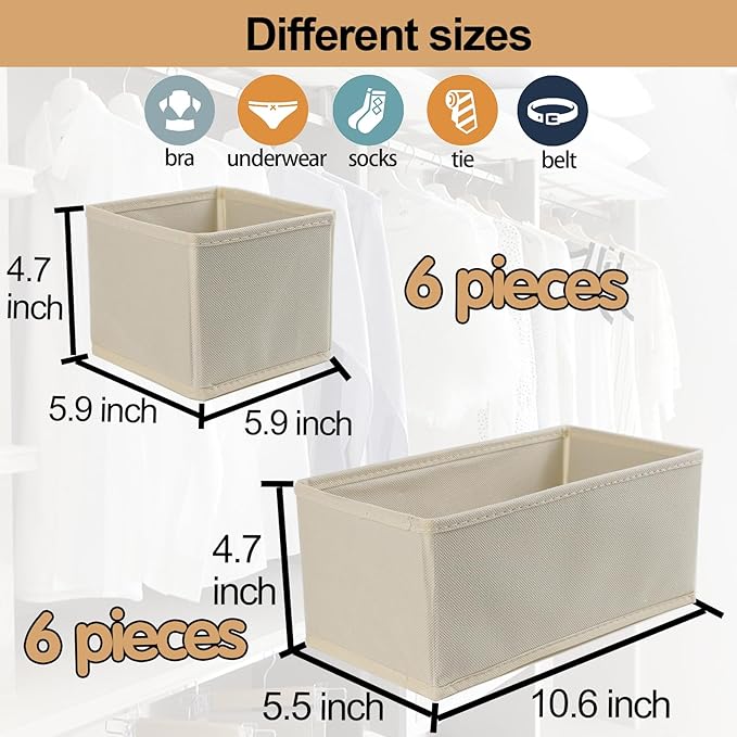 Drawer Organizer Clothes, Foldable Fabric Dresser Organizer Closet Organizers and Storage Box for Underwear,Folded Clothes,Baby Clothing,Socks,Bra,Towels,Ties(6M+6S,Beige)
