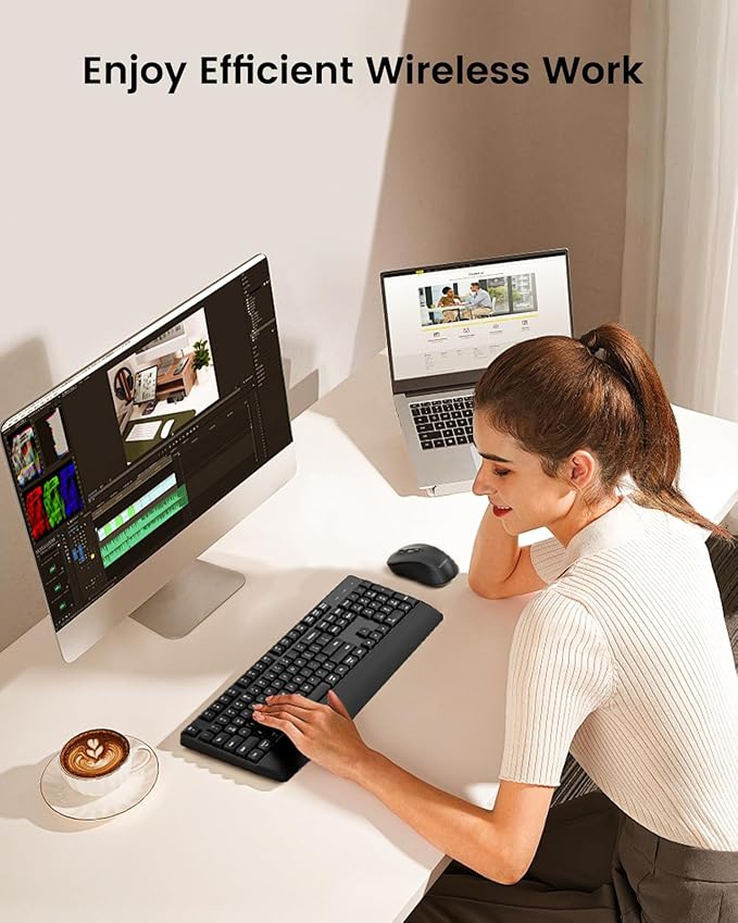 seenda Wireless Bluetooth Keyboard and Mouse Combo, COE200 Ergonomic Wireless Keyboard Mouse with Wrist Rest, Multi-Device Connection, Full-Size, Compatible for Computer/Laptop/Mac/MacBook, Black