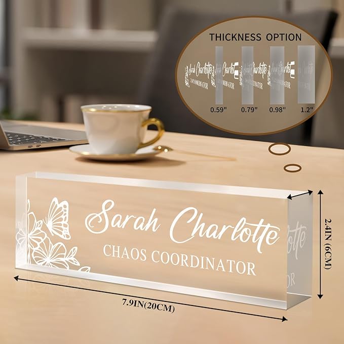 Custom Name Plate for Desk, Personalized Desk Name Plate on Clear Acrylic Glass, Appreciation Gifts for Teacher Employee Boss Coworkers Nurse, Office Desk Accessories for Women Men (Engraved Garden)