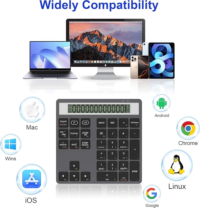 2 in 1 Bluetooth Number Pad with Display Calculator - Wireless Number Pad Portable 2.4G for Laptop/PC, 34 Key Quiet Numeric Keypad Compatible with Windows/Mac/iOS/Android/Linux - (Accounting/Office)