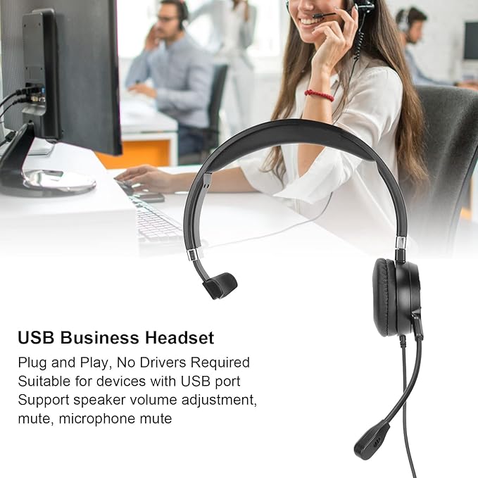 Shurzmotic H2000 USB ENC Business Headset, USB Computer Headphone with Mic, Wired Noise Canceling PC Headset for Office Call Center, Single Ear Lightweight Headphone with Volume Adjustment an