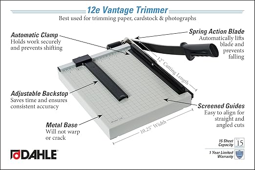 Dahle 12e Vantage Paper Trimmer, 12" Cut Length, 15 Sheet, Automatic Clamp, Adjustable Guide, Metal Base with 1/2" Gridlines, Guillotine Paper Cutter