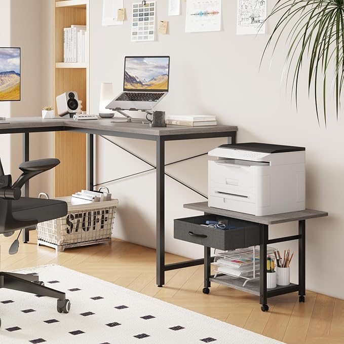 YAOHUOO 22"x15" Large Printer Stand with Storage Drawer, 2-Tier Under Desk Printer Table for Home Office, Printer Cart fit Fax Machine/3D Printer/Scanner(Gray)