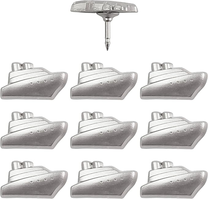 Cruise Ship Push Pins - Silver Metal Cruise Ship Pins - for Cork Board, Maps, or Lapel Pin Use - Designed in USA - Set of 10