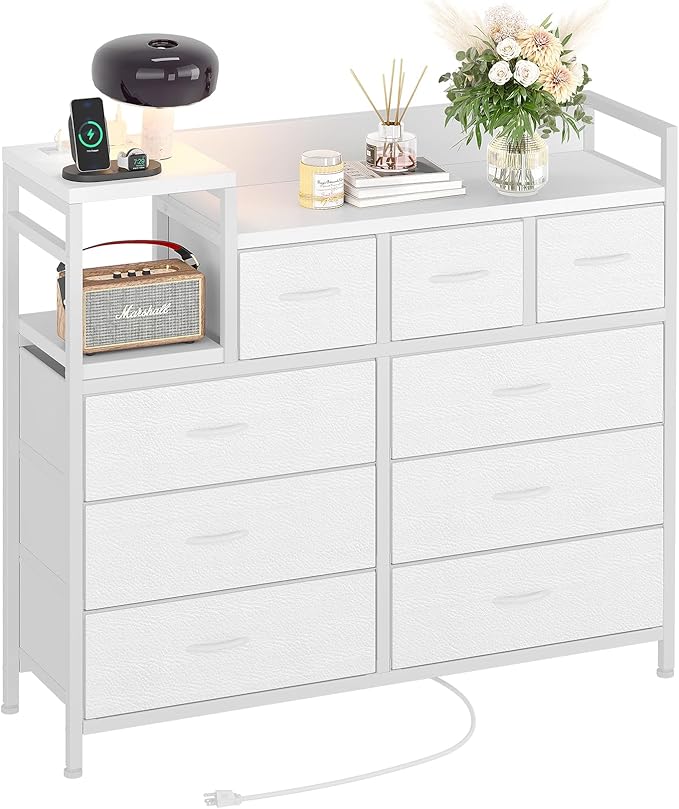 Jojoka 9 Drawer Dresser TV Stand with Charging Station,Modern Entertainment Center for Living Room & Bedroom with Power Outlets, Open Storage Shelves, White