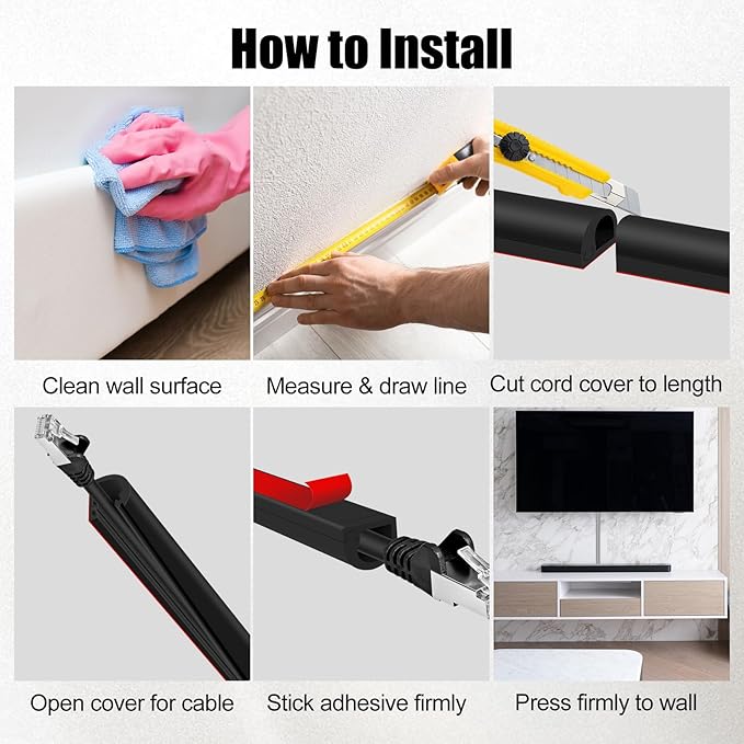 Self-Adhesive Cable Hider, Flexible Wire Cover Cable Raceway for Wires, Wall Mount TV, Home Audio, Network, Power, and Phone Line Managemen (Black, 157inch)