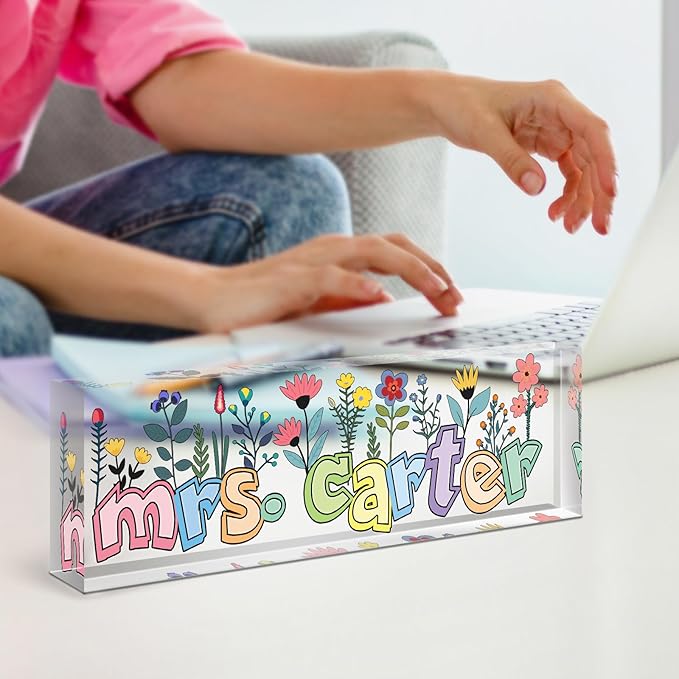 Teacher Name Plate for Desk, Desk Name Plate Personalized, Office Decor for Women Men, Acrylic Desktop Accessories, Office Appreciation Gifts for Teacher Boss Social Workers Nurse Employee (Orchid)