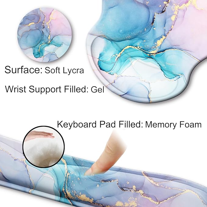 Mouse Pad and Keyboard Wrist Rest Support, with Non-Slip PU Base,Gel Mouse Pad with Coaster,Pain Relief for Gaming, Computer,Office -Blue Marble