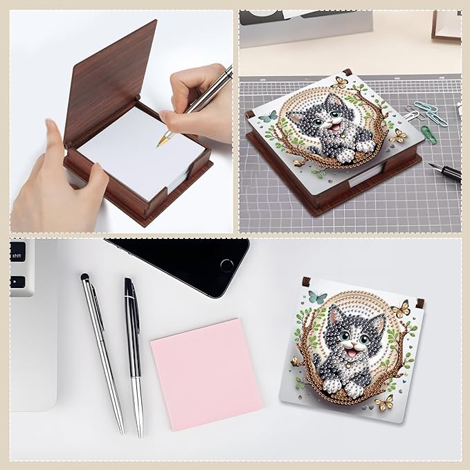 Cat Diamond Painting Kit Note Box,Memo Paper Storage Box Diamond Art,Sticky Note Holder Diamond Art,Diamond Painting Memo Pad For Office Desk. (Cat)