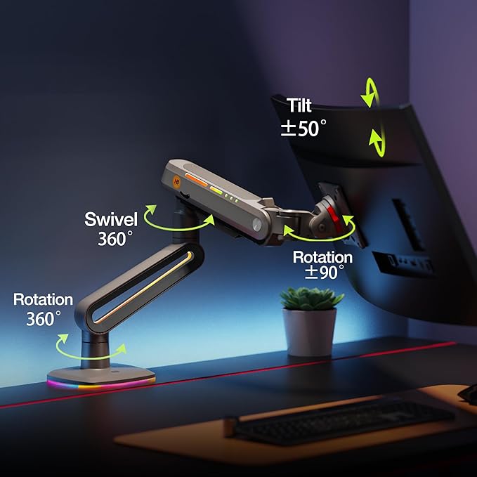 NB Designer Gaming Monitor Arm for 32 to 60 Inches Screen, Load up to 20 kg, VESA 75/100, RGB-Light, Heavy Duty, Multi Angle Adjustable, Premium Aluminum, Long Arm Extension Grey Black
