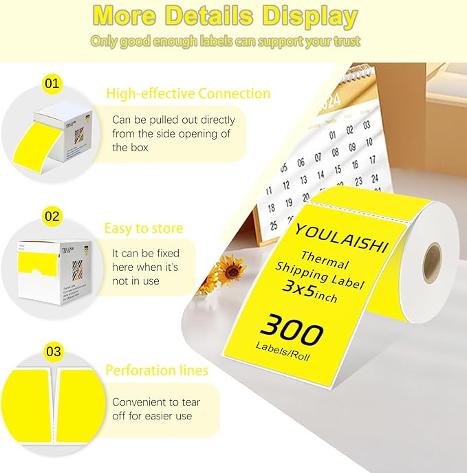 YOULAISHI 300per Roll 3 X 5 Inch Printable Rectangle Color Coding Labels, Adhesive Color Coding Stickers for Bar-Codes, Address, Small Business Labeling, Inventory, Yellow