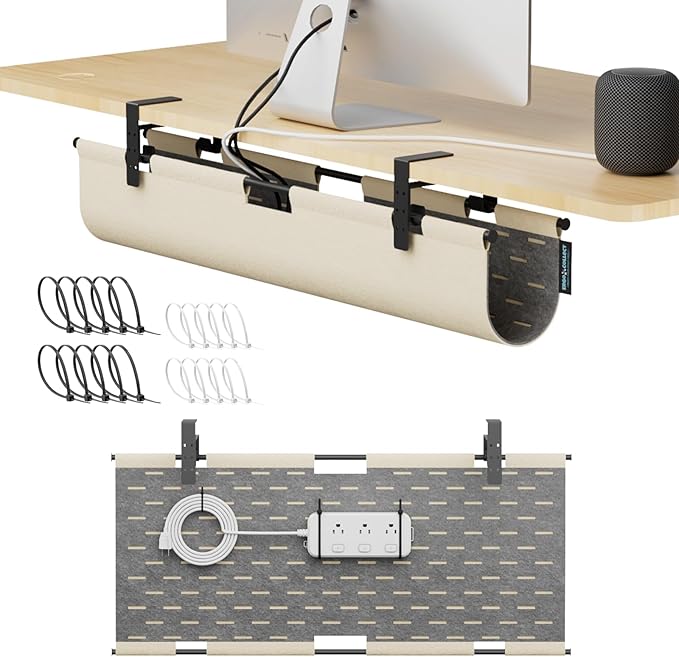 2-in-1 Under Desk Cable Management Tray & Privacy Panel, Dual-Sided Felt Cord Organizer to Hide Wires and Clutter, Desk Mount Cord Holder for Office and Home, Clamp or Screw Mount (Khaki/Gray, 30")