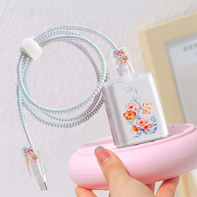 Cute Flowers Protectors Lightning Cable Protector Cover for iPhone Charger,Pink Cherry Blossoms Pattern,Data Cable Type-c Charger Data Line Earphone Wire Saver for iPhone X 13 12 11 14 Pro Max